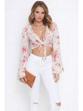 Forever 21 Size M Ivory Pink Floral Tie Front Crop Top Coquette Cottagecore Boho